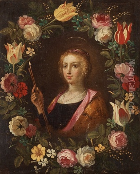 Cartouche Of Flowers With A Lady, Possibly Saint Ursula Oil Painting - Philippe de Marlier