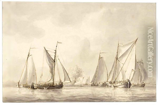 River Landscape With Sailing Vessels Oil Painting - Gerrit Groenewegen