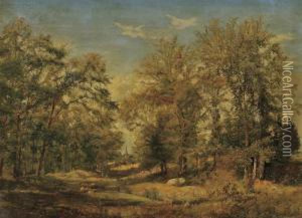 Path Through The Trees To The Church Oil Painting - John William Hill