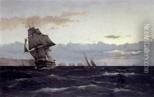 Marine Med Skibe Ud For Kysten Oil Painting - Vilhelm Victor Bille