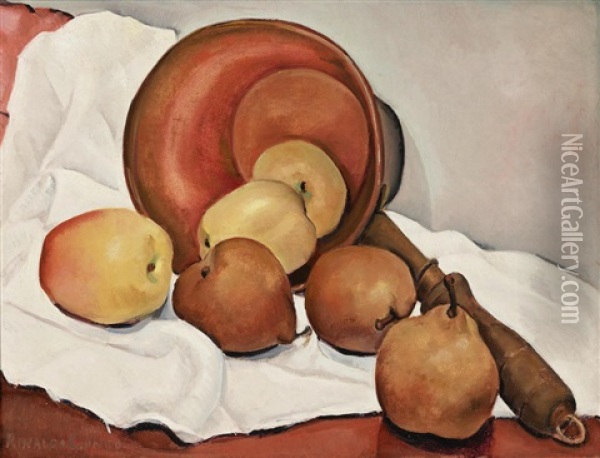 Still Life With Anjou Pears, Apples And Copper Pot Oil Painting - Rinaldo Cuneo
