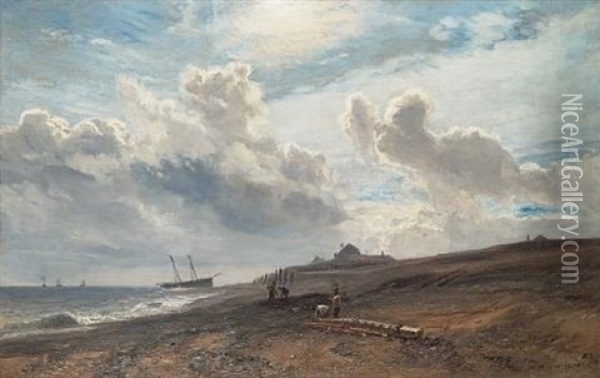 Salvaging Wreck Timbers On An Isolated Shore Oil Painting - Henry Moore