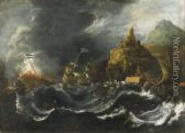 Vascelli In Burrasca Presso Una Costa Mediterranea Oil Painting - Pieter the Younger Mulier