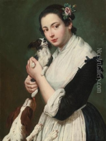 A Young Lady With Two Dogs Oil Painting - Giacomo Ceruti