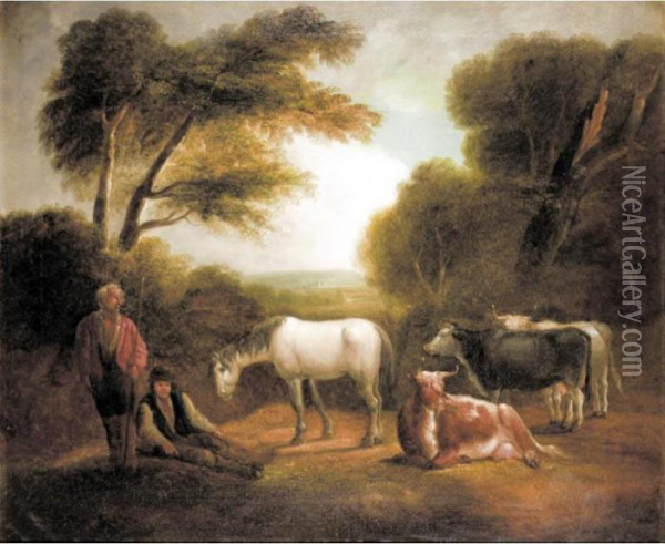 Figures With Cattle And A Horse Oil Painting - Thomas Barker of Bath