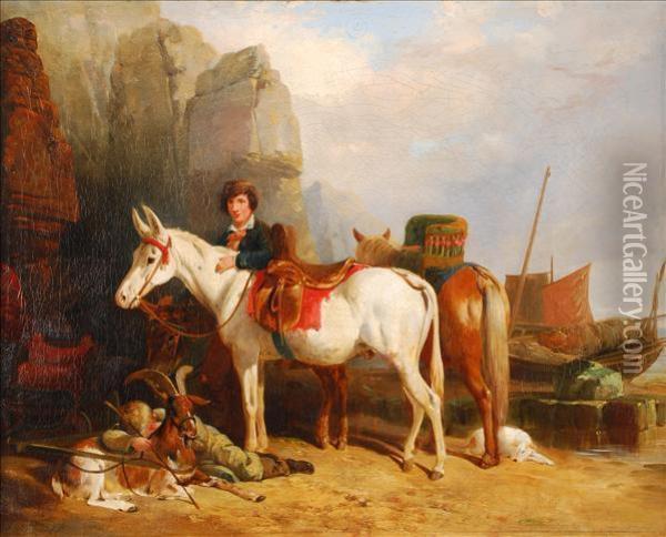 Figures On A Beach, With Ponies And Fishing Boats Oil Painting - Richard Westall