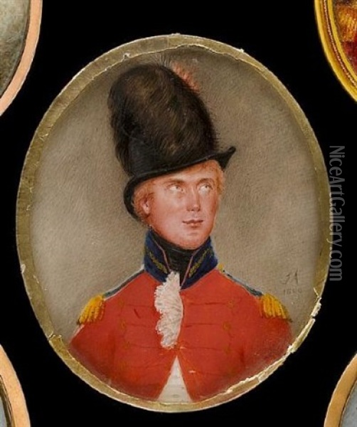 An Officer, Wearing Red Coatee With Blue And Gold Collar And Epaulettes, White Waistcoat, Frilled Chemise And Tied Black Stock Oil Painting - Samuel Andrews