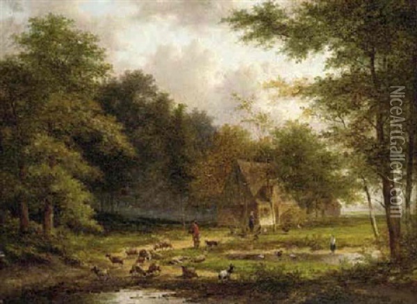 A Shepherd With His Flock In A Woody Glade Oil Painting - Jan Evert Morel the Younger
