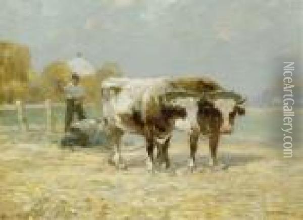 Figure Harvesting With Yoked Oxen Oil Painting - Paul King
