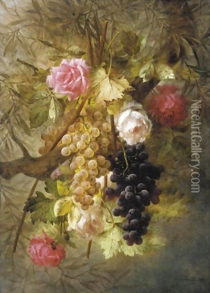 Still Life Of Grapes And Roses Oil Painting - Joseph-Eugene Gilbault