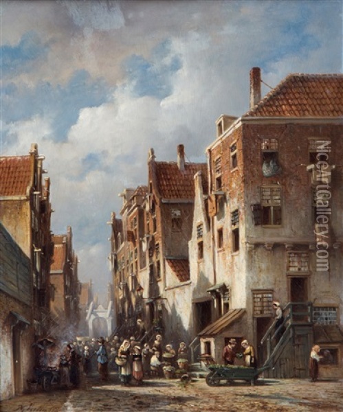 A Busy Day In A Dutch Village Oil Painting - Pieter Gerardus Vertin