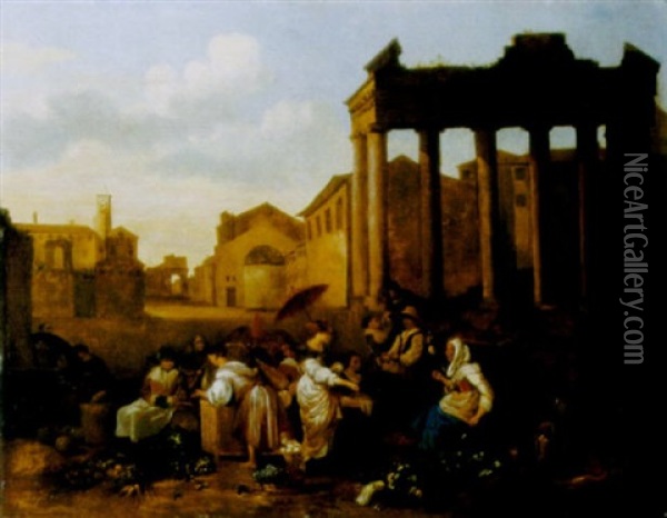 Gemusemarkt Vor Einer Italienischen Stadt Mit Antiken Ruinen Oil Painting - Hendrick Mommers
