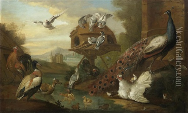 A Peacock, Ducks And Other Birds, Before A Dovehouse In A River Landscape Oil Painting - Marmaduke Cradock