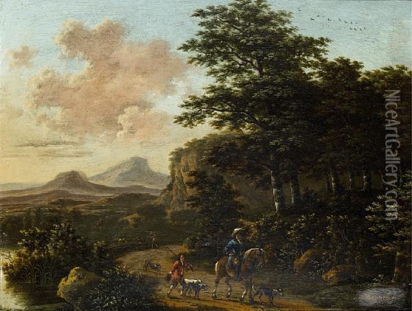A Wooded Landscape With A Huntsman And His Dogs On A Country Path Oil Painting - Willem de Heusch
