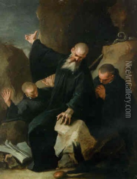 Saint Benedict With Maurus And Placidus Ordering A Raven To Carry Away A Poisoned Loaf Of Bread Oil Painting - Donato Creti