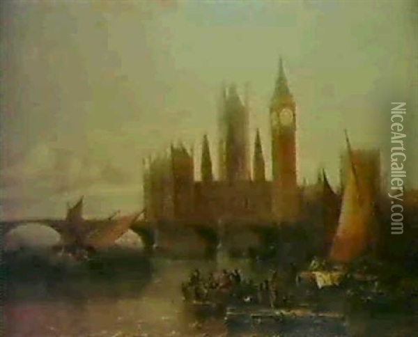 The Houses Of Parliament From The Thames Oil Painting - Arthur Joseph Meadows