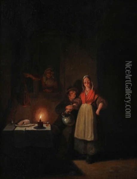 Vieil Homme Et Servante A La Lumiere D`une Bougie Oil Painting - Petrus van Schendel