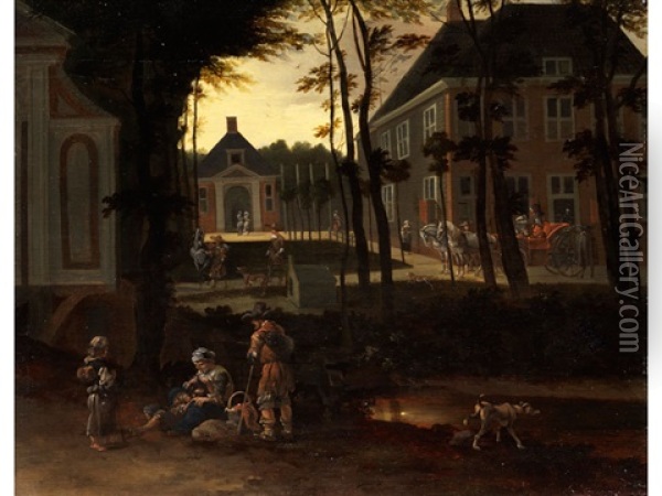 Blick Auf Einen Schlosshof Mit Staffagefiguren Bei Sonnenuntergang Oil Painting - Gerrit Adriaensz Berckheyde
