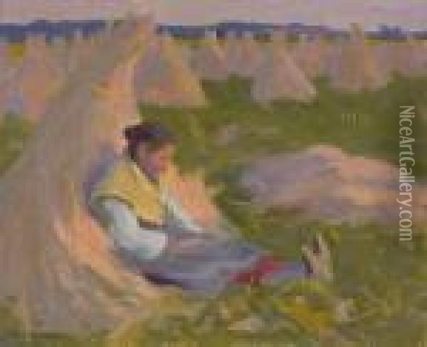 Peasant Girl Seated On Shocks Of Grain Oil Painting - Eanger Irving Couse