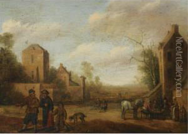 A Village Scene With Travellers On A Path, Peasants Sitting At A Table To The Right Oil Painting - Cornelius Droochsloot
