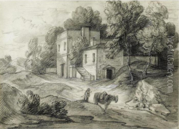 Wooded Landscape With Mansion, Figure And Packhorse Oil Painting - Thomas Gainsborough