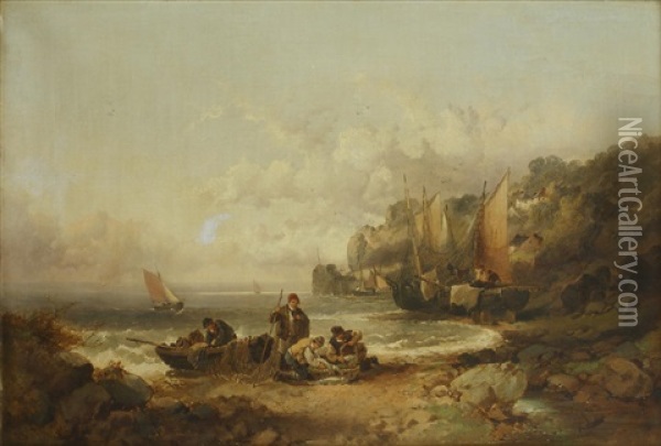 Fisherfolk On The Shore Oil Painting - John Syer