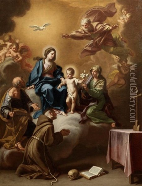 The Madonna And Child With Saints Joseph, Francis And Anne Oil Painting - Domenico Pedrini