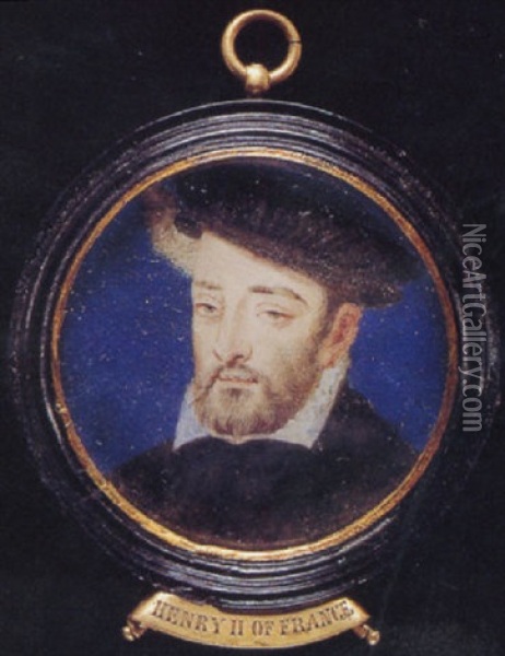 Henri Ii, King Of France, In Black Robes With White Collar, Black Cloth Hat With Feather Oil Painting - Francois Clouet