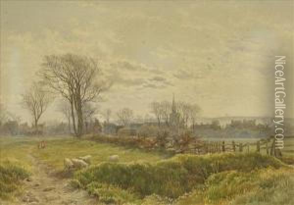 The Edge Ofthe Village, A Scene In Early Autumn With Figure And Sheep By Apath Oil Painting - James Walsham Baldock