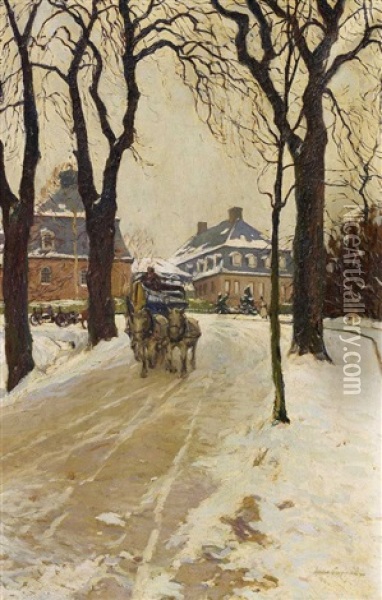 Schloss Arolsen Im Winter - Kutschen Im Verschneiten Park Vor Den Gebauden Oil Painting - Hans Seyppel