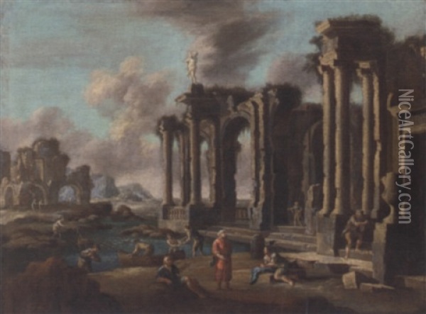 A Capriccio Of Roman Ruins With Travellers Oil Painting - Leonardo Coccorante