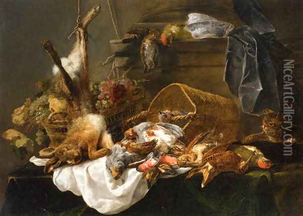 Venison and Basket of Grapes Watched by a Cat Oil Painting - Jan Fyt