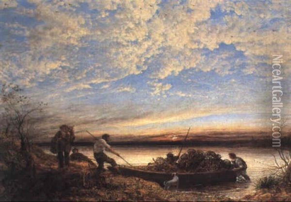 Sunset: Hauling In The Catch Oil Painting - John Linnell