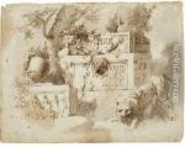 Un Lion Devant Un Sarcophage Antique Et Une Amphore Oil Painting - Giuseppe Bernardino Bison