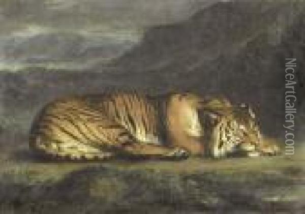 Liegender Tiger. Oil Painting - Eugene Delacroix