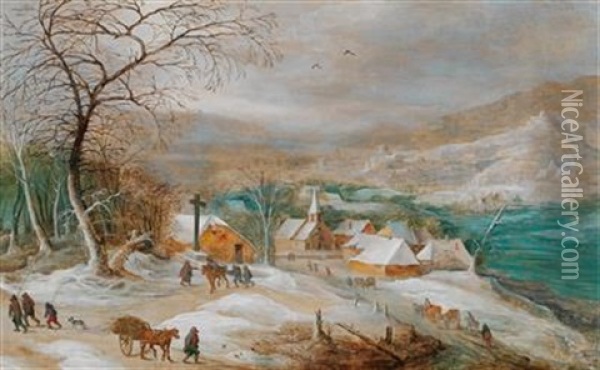 A Winter Landscape With Travellers On A Path And A Town Beyond Oil Painting - Jan Brueghel the Younger