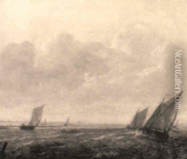 Wijdschips Sailing Close-hauled On A River Oil Painting - Willem van Diest