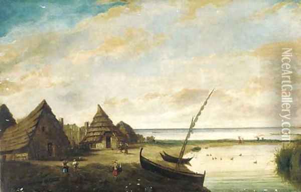 A coastal landscape with figures by huts, possibly south-east Asia Oil Painting - Dutch Colonial School