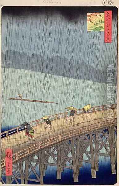 Sudden Shower over Shin Ohashi Bridge and Atake Ohashi Atake no Yudachi Oil Painting - Utagawa or Ando Hiroshige