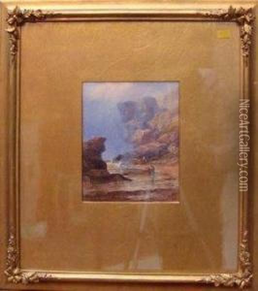 Men Salvaging Timber On A Rocky Beach Oil Painting - George Blackie Sticks
