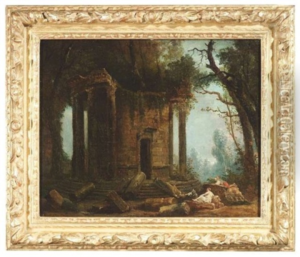 Figuren Bei Einem Ruinosen Rundtempel (der Vesta?) Oil Painting - Hubert Robert