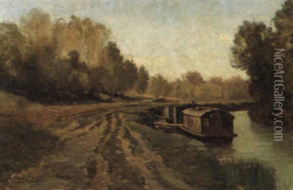 Fluslandschaft Mit Hausbooten Am Ufer Oil Painting - Karl Pierre Daubigny