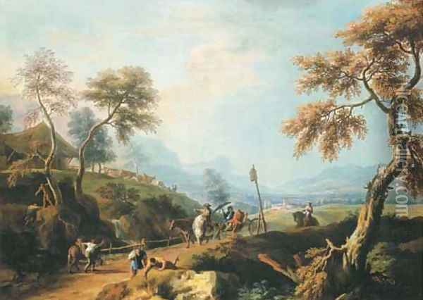 A wooded landscape, with gentlemen in a carriage on a road in the foreground, a valley beyond Oil Painting - Marco Ricci