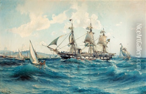 Skepp Under Unionsflagg I Medelhavet Utanfor Nordafrika Oil Painting - Herman Gustav af Sillen