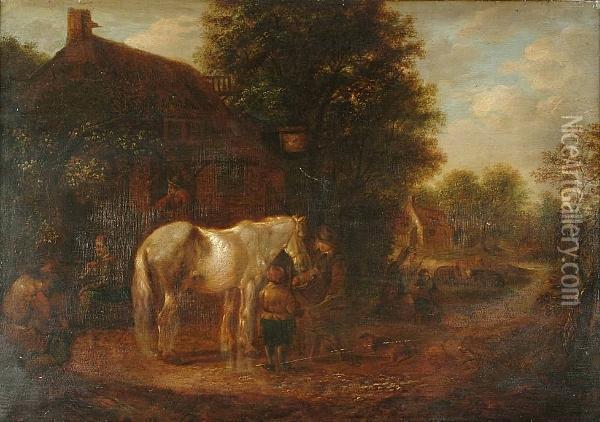 Peasants Feeding A Horse Outside A Cottage In A Wooded Landscape Oil Painting - Isaack Jansz. van Ostade