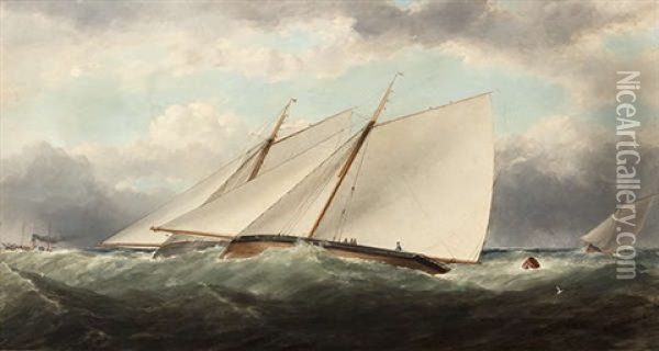 Yachts Racing Off Dublin Bay With A Paddle Steamer In The Distance Oil Painting - Matthew Kendrick