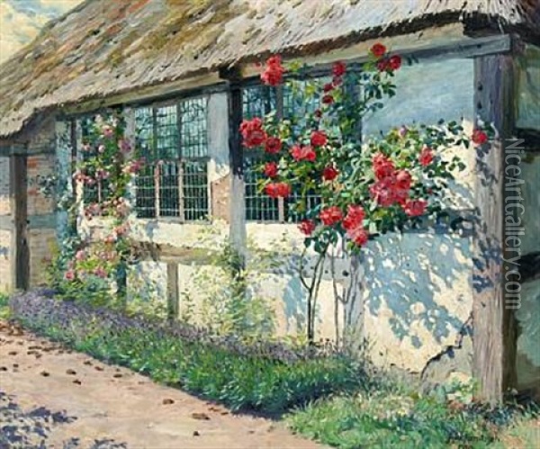 Flowering Roses By An Old Farmhouse Oil Painting - Robert Panitzsch