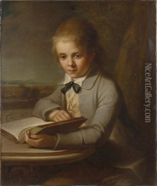 Portrait Of George Brodrick, 4 Viscount Middleton, Aged 12, In A Grey Coat, Holding An Open Book At A Table, A Landscape With A View Of Peper Harow, Near Godalming, Surrey, Beyond Oil Painting - Angelika Kauffmann