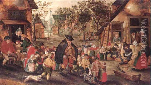 A Blind Hurdy-gurdy Player Surrounded By Children In A Village Street Oil Painting - Pieter Brueghel the Younger