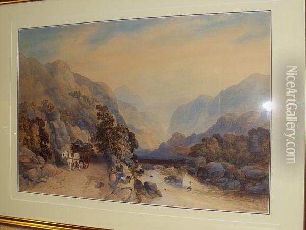 Mountainous River Landscape, With Figures, Horse And Cart On A Riverside Track Oil Painting - James Burrell-Smith
